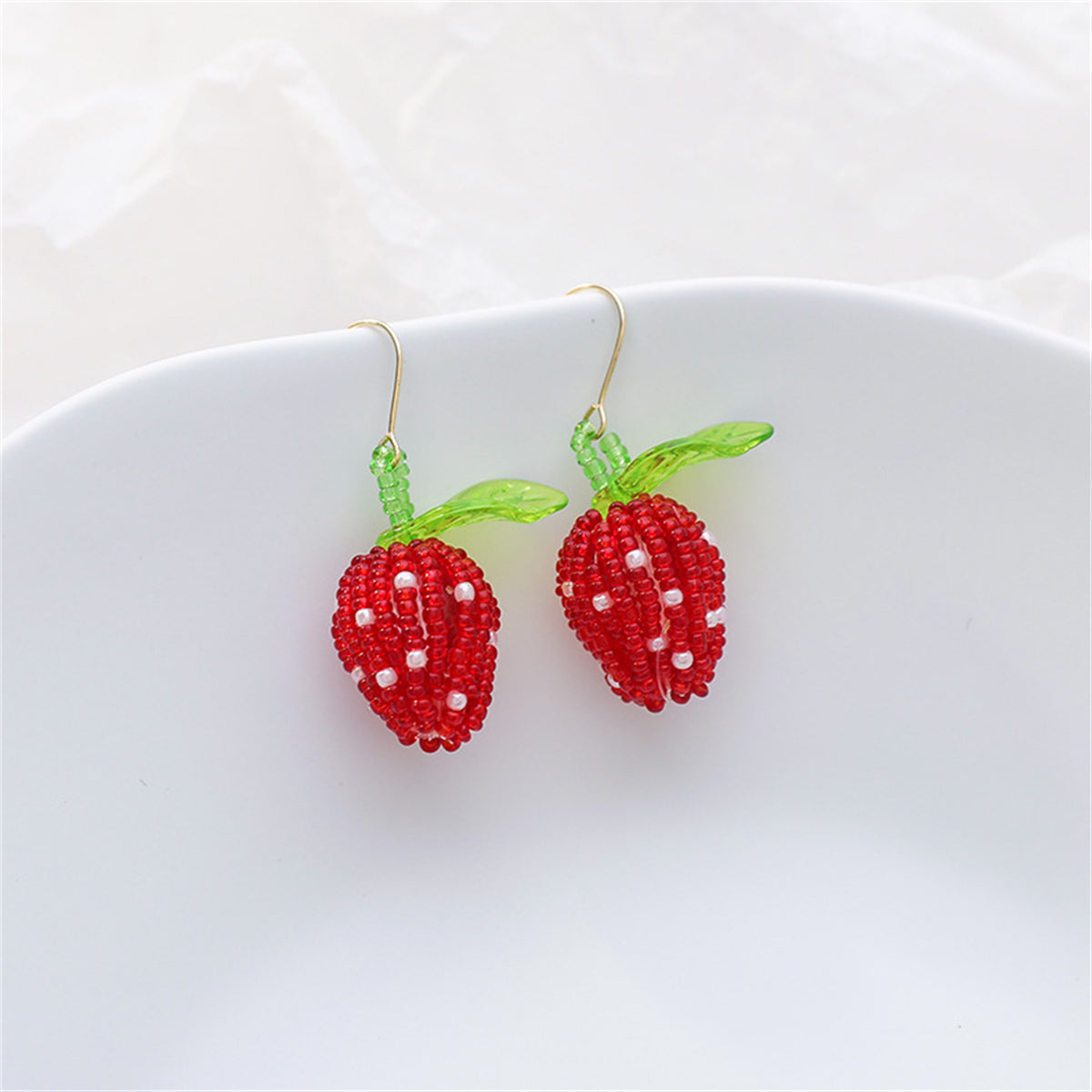 Red and Green Strawberry Drop Earrings, drop earrings for women, elegant gift for her, side view