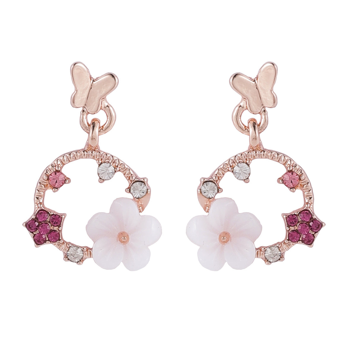 Cubic Zirconia and Acrylic Rose Butterfly Flower Drop Earrings, drop earrings for women, dainty minimalist design, front view