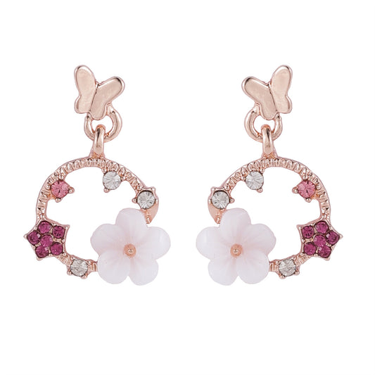 Cubic Zirconia and Acrylic Rose Butterfly Flower Drop Earrings, drop earrings for women, dainty minimalist design, front view