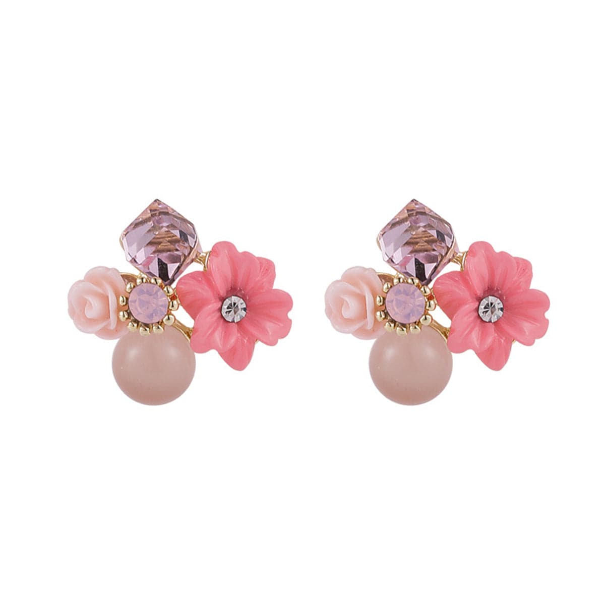 Pink Crystal and Cubic Zirconia Flower Cluster Stud Earrings, stud earrings for women, vintage-inspired design, side view