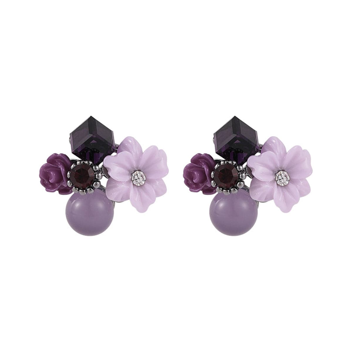 Purple Crystal & Cubic Zirconia Flower Cluster Stud Earrings