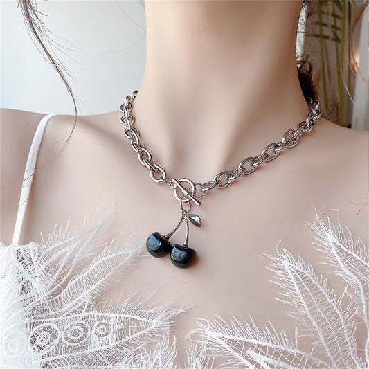 Black Enamel and Silver-Plated Cherry Pendant Toggle Necklace, silver pendant necklace for women, everyday style, front view