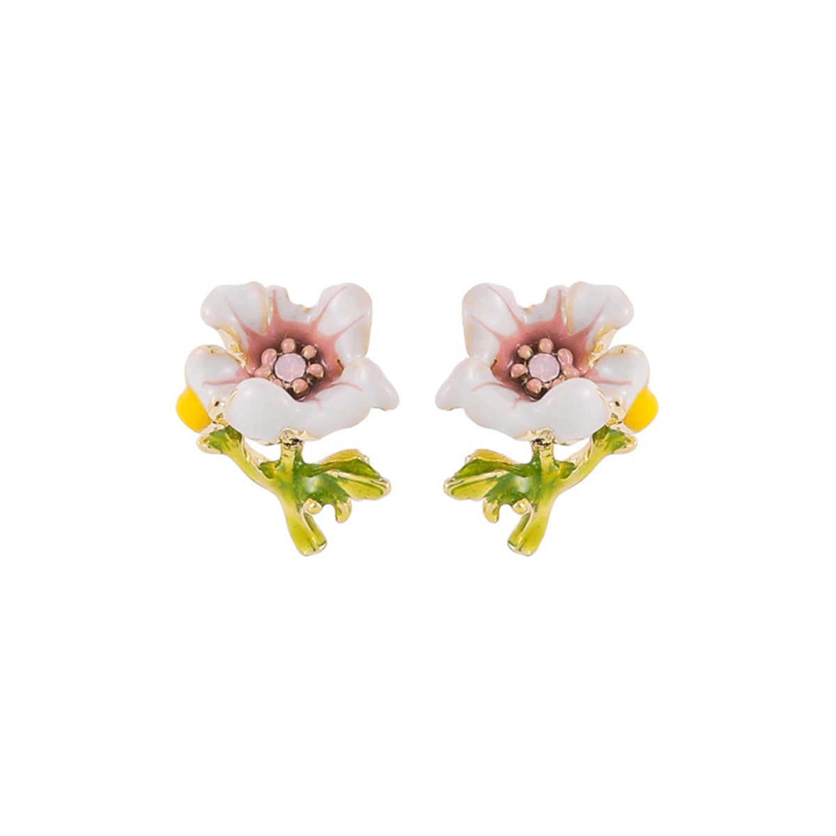 Pink Enamel and Cubic Zirconia Flower Stud Earrings, stud earrings for women, botanical inspired, side view