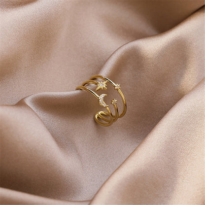 Cubic Zirconia and 18K Gold-Plated Celestial Layered Open Ring, gold statement rings for women, everyday style, side view