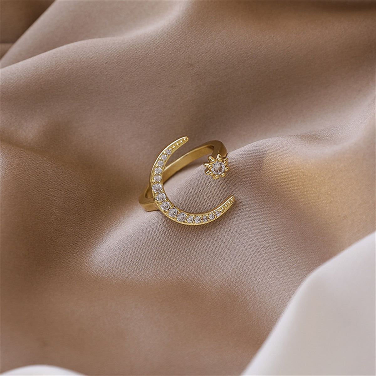 Cubic Zirconia and 18K Gold-Plated Moon Star Open Ring, gold statement rings for women, dainty minimalist design, front view