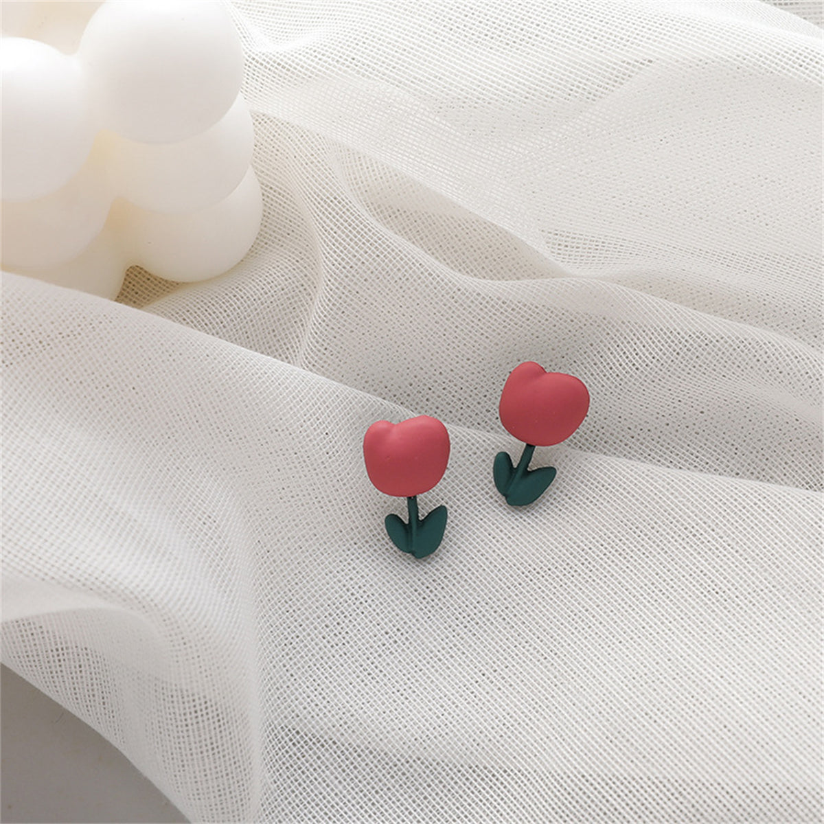 Pink & Green Enamel Tulip Stud Earrings