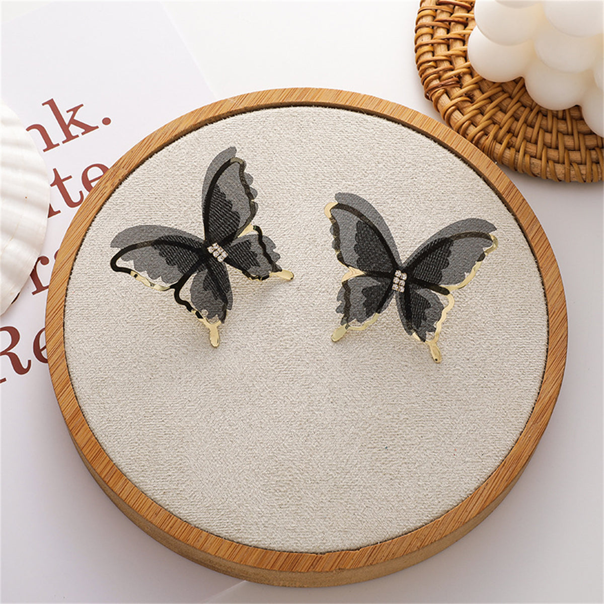 Black Mesh and 18K Gold-Plated Butterfly Stud Earrings, gold stud earrings for women, elegant gift for her, front view