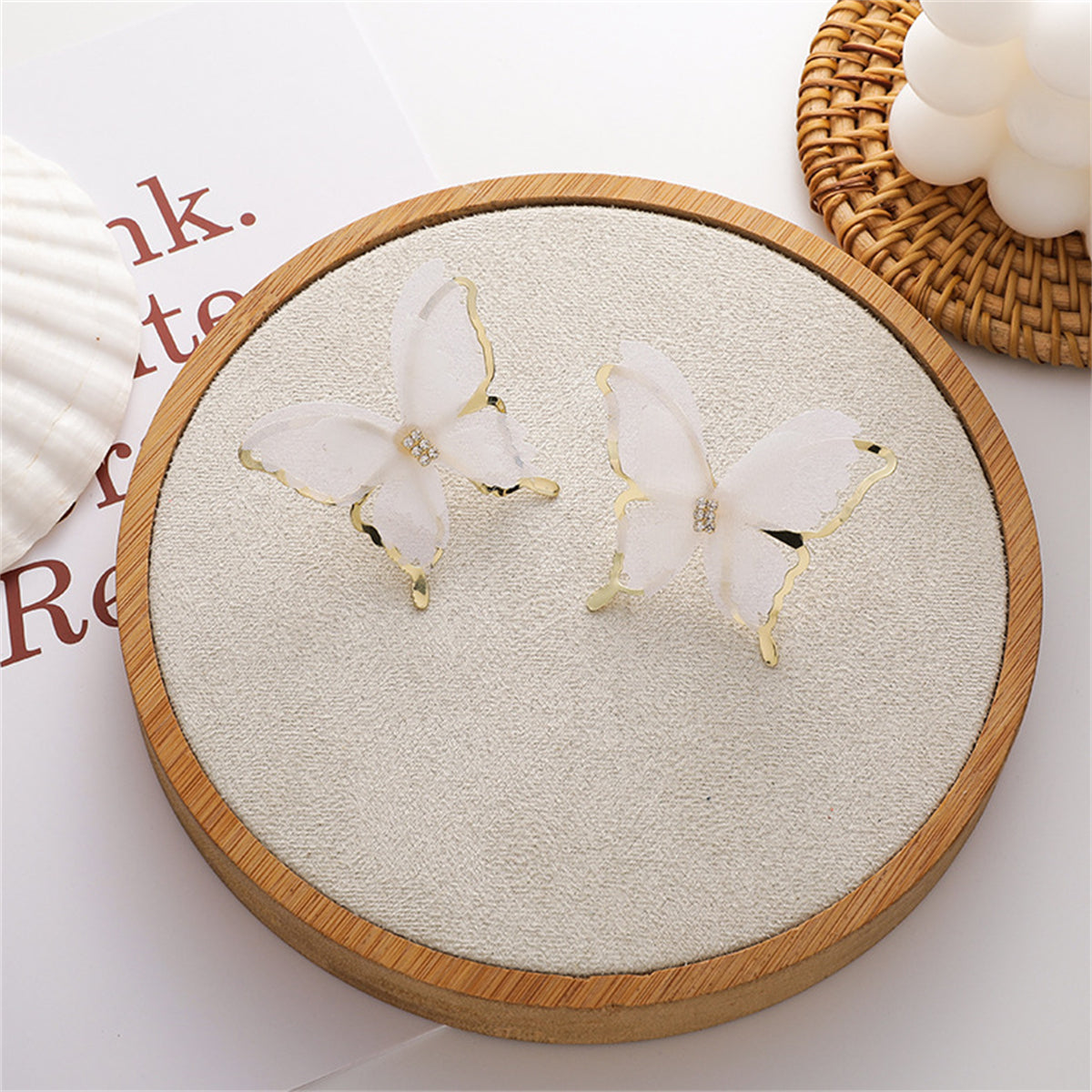 White Mesh and 18K Gold-Plated Butterfly Stud Earrings, gold stud earrings for women, elegant gift for her, front view