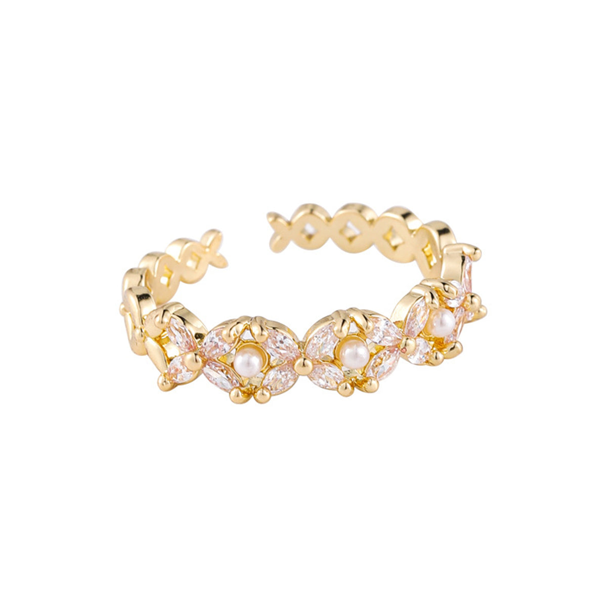 Cubic Zirconia and Pearl 18k Gold-Plated Flower Band, gold statement rings for women, everyday style, side view