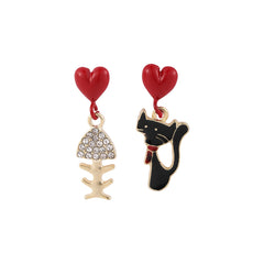 Cubic Zirconia & Black Enamel Cat Drop Earrings