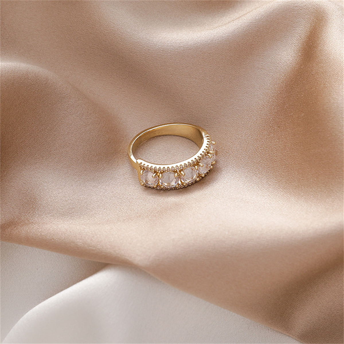 Cubic Zirconia & Crystal 18K Gold-Plated Round-Cut Channel Band Ring