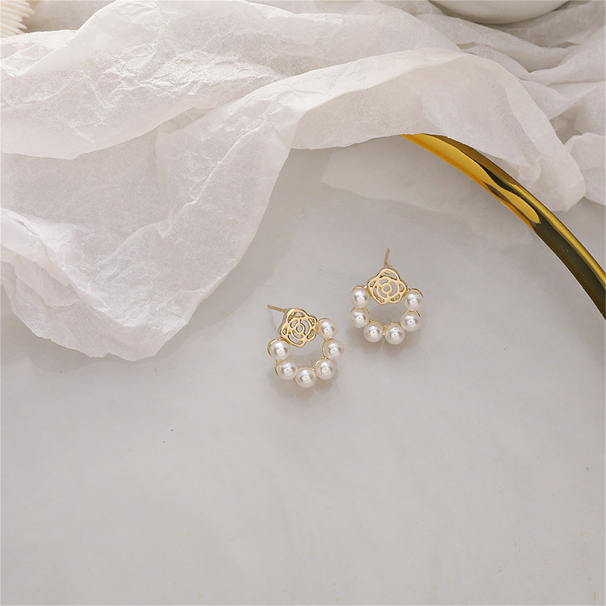 Pearl & 18K Gold-Plated Rose Stud Earrings