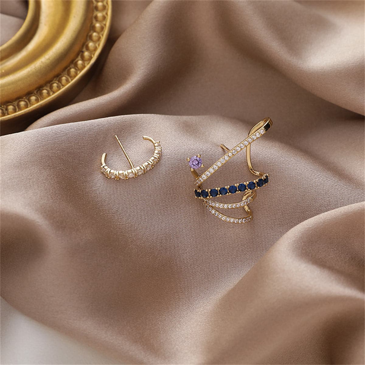 Cubic Zirconia and 18K Gold-Plated Mismatch Wing Stud Earrings, gold stud earrings for women, detail close-up