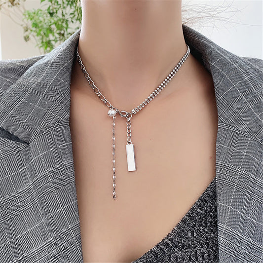 Pearl and Silver-Plated Figaro Chain Lariat Necklace, silver pendant necklace for women, botanical inspired, front view