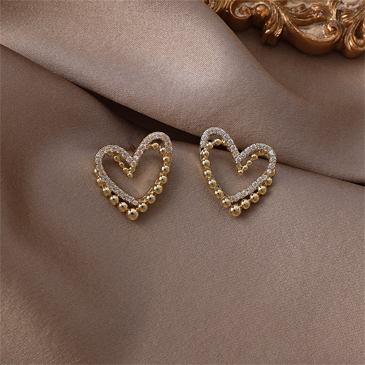 Cubic Zirconia and 18K Gold-Plated Interlocked Openwork Heart Stud Earrings, gold stud earrings for women, side view