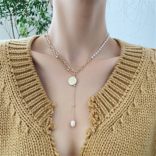 Pearl and 18K Gold-Plated Coin Lariat Necklace, gold pendant necklace for women, vintage-inspired design, front view
