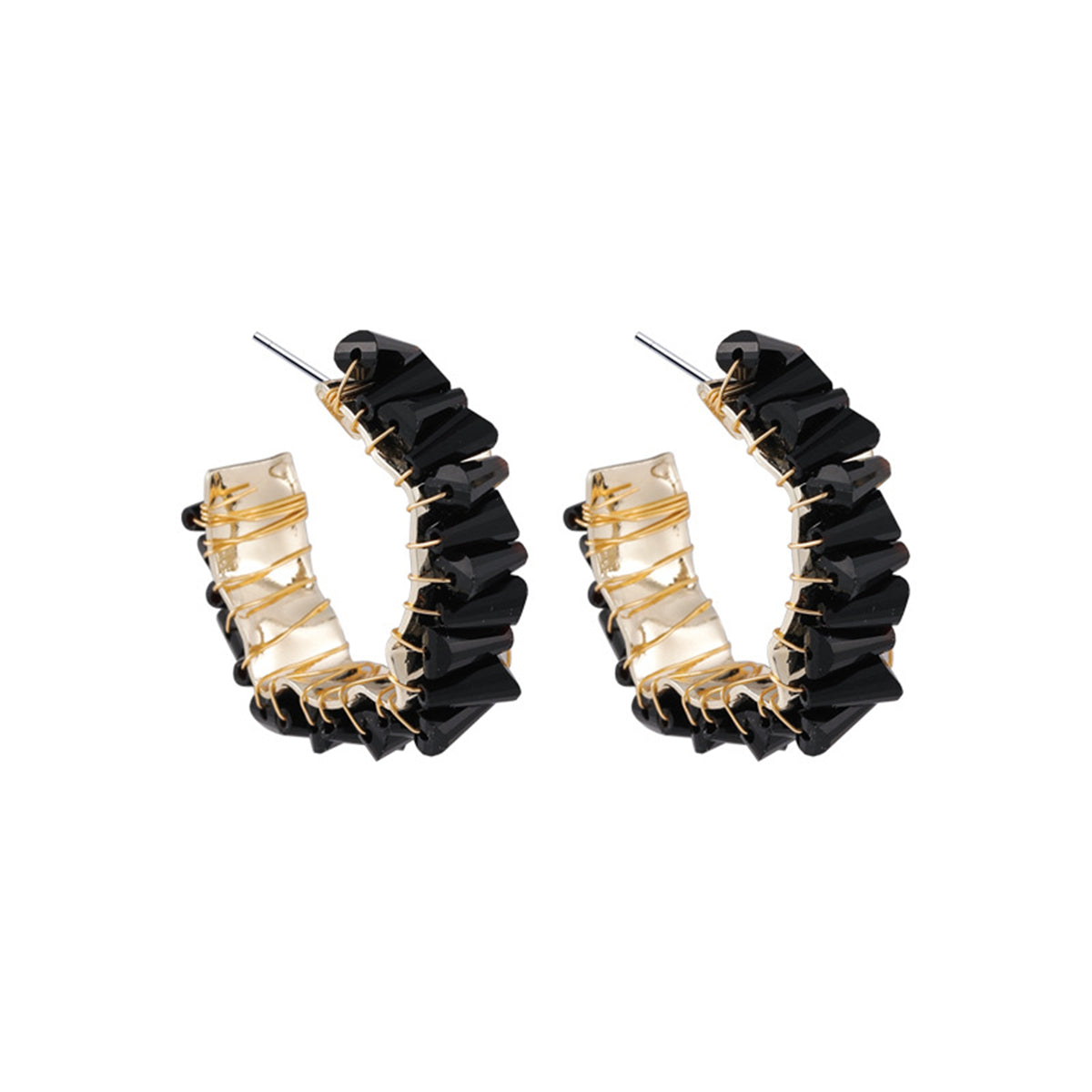 Black Crystal and 18K Gold-Plated C-Shape Stud Earrings, gold stud earrings for women, everyday style, side view