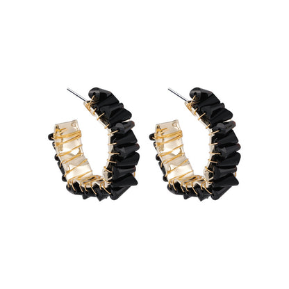 Black Crystal and 18K Gold-Plated C-Shape Stud Earrings, gold stud earrings for women, everyday style, side view