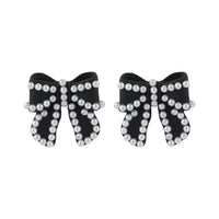 Pearl & Black Enamel Silver-Plated Bow Stud Earrings