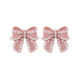 Pearl & Pink Enamel Silver-Plated Bow Stud Earrings