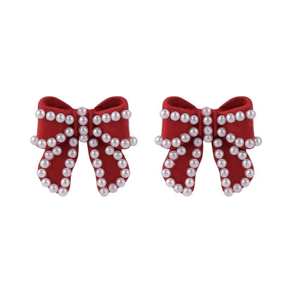 Pearl and Red Enamel Silver-Plated Bow Stud Earrings, silver stud earrings for women, everyday style, detail close-up