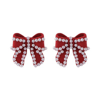 Pearl & Red Enamel Silver-Plated Bow Stud Earrings
