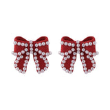 Pearl & Red Enamel Silver-Plated Bow Stud Earrings