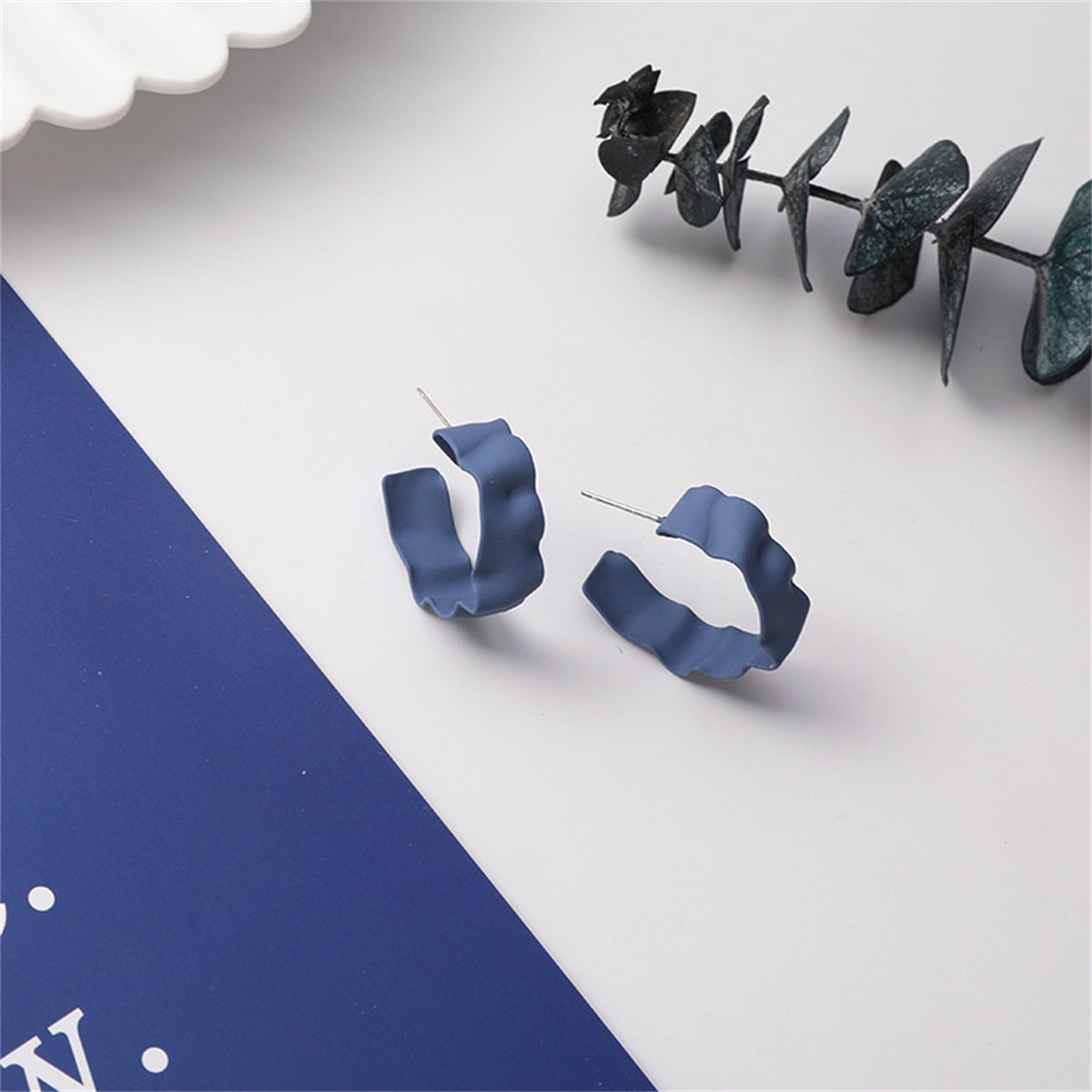 Blue Enamel and Silver-Plated Wave Huggie Earrings, silver huggie earrings, everyday style, side view