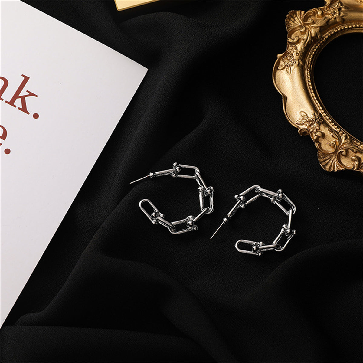 Silver-Plated Studded Paperclip Hoop Earrings, silver stud earrings for women, botanical inspired, side view
