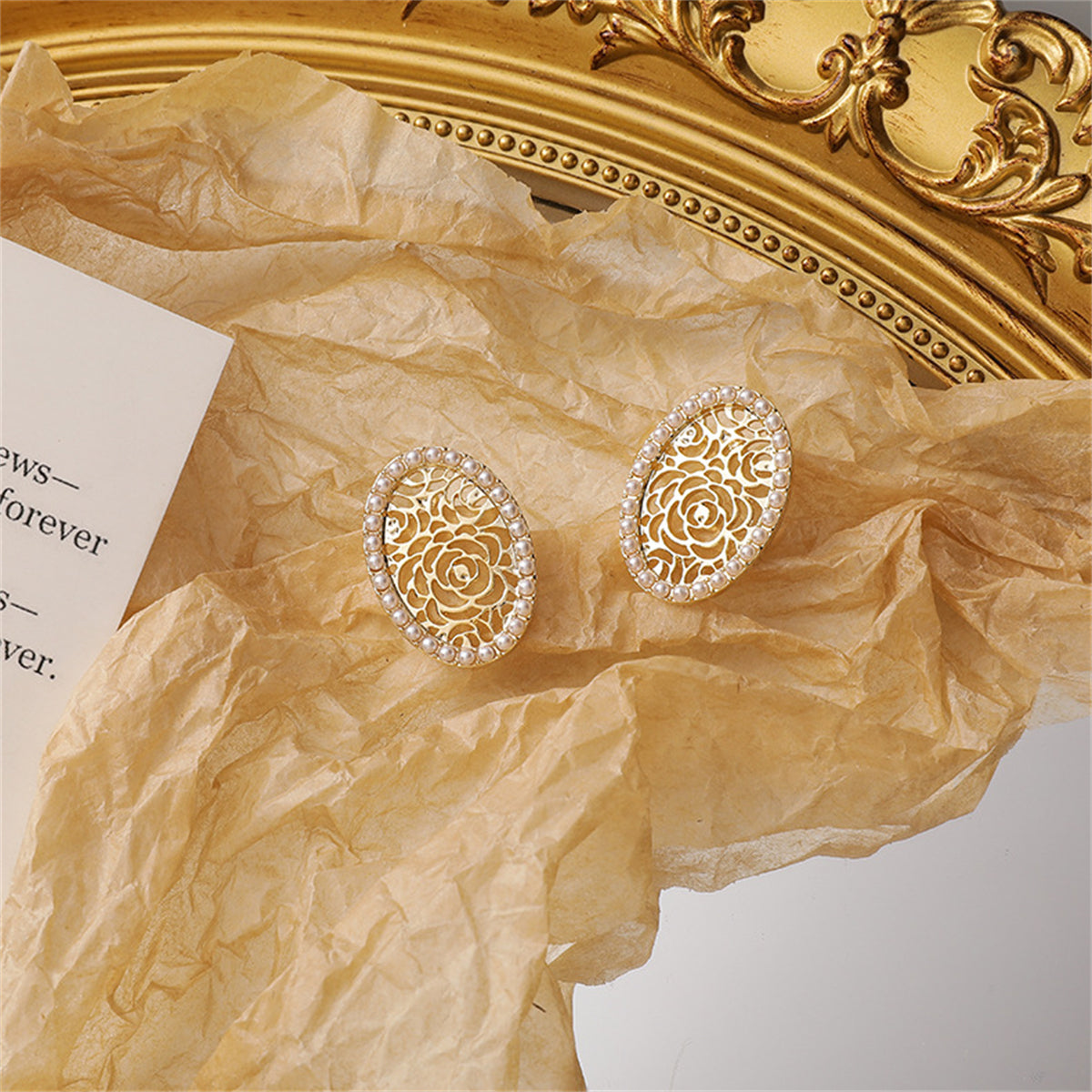 Pearl & 18K Gold-Plated Floral Oval Stud Earrings