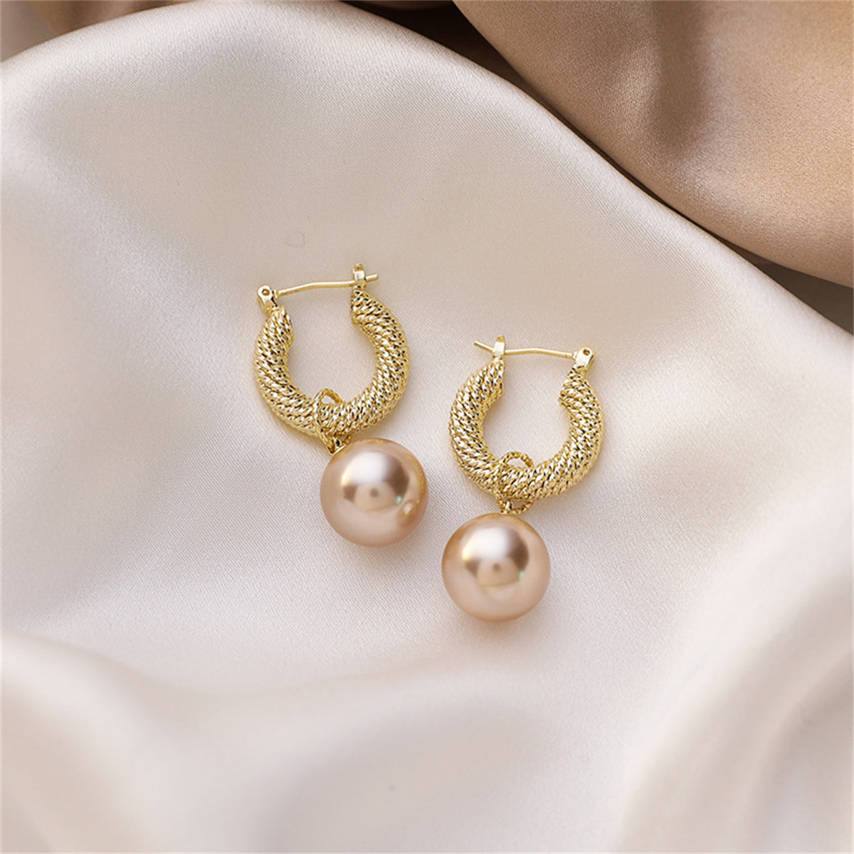 Champagne Pearl & 18K Gold-Plated Rope Huggie Earrings