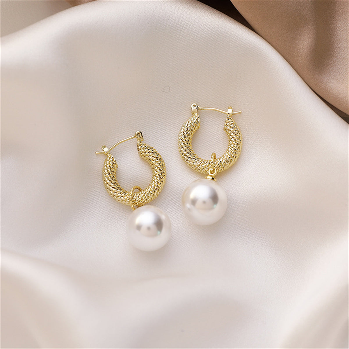 Pearl and 18K Gold-Plated Rope Huggie Earrings, gold huggie earrings, dainty minimalist design, side view