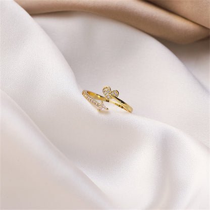 Cubic Zirconia and 18K Gold-Plated Heart Arrow Bypass Ring, gold statement rings for women, elegant gift for her, side view