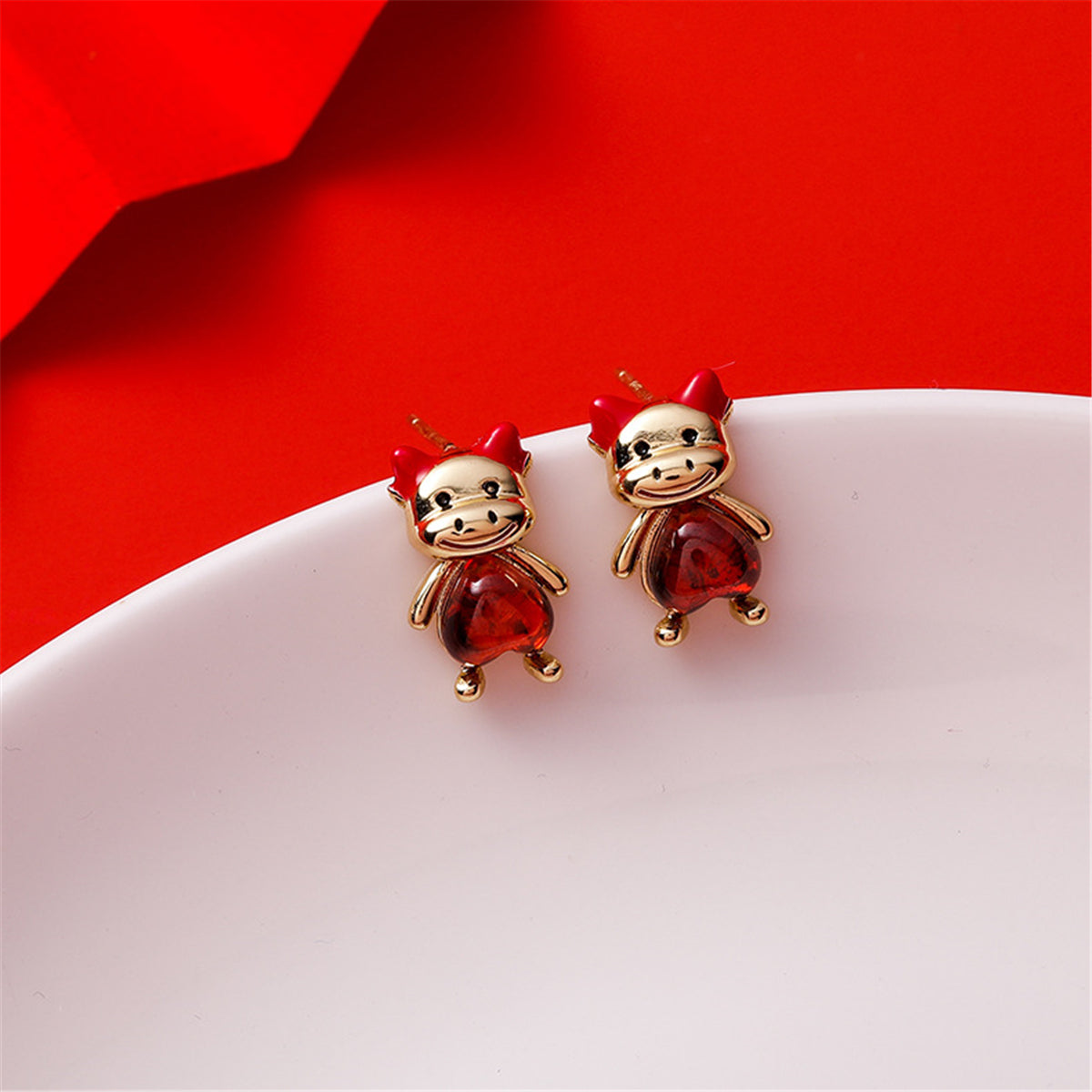 Red Crystal and 18K Gold-Plated Heart Cattle Stud Earrings, gold stud earrings for women, vintage-inspired design, front view