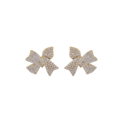 Cubic Zirconia and 18K Gold-Plated Bow Stud Earrings, gold stud earrings for women, elegant gift for her, front view