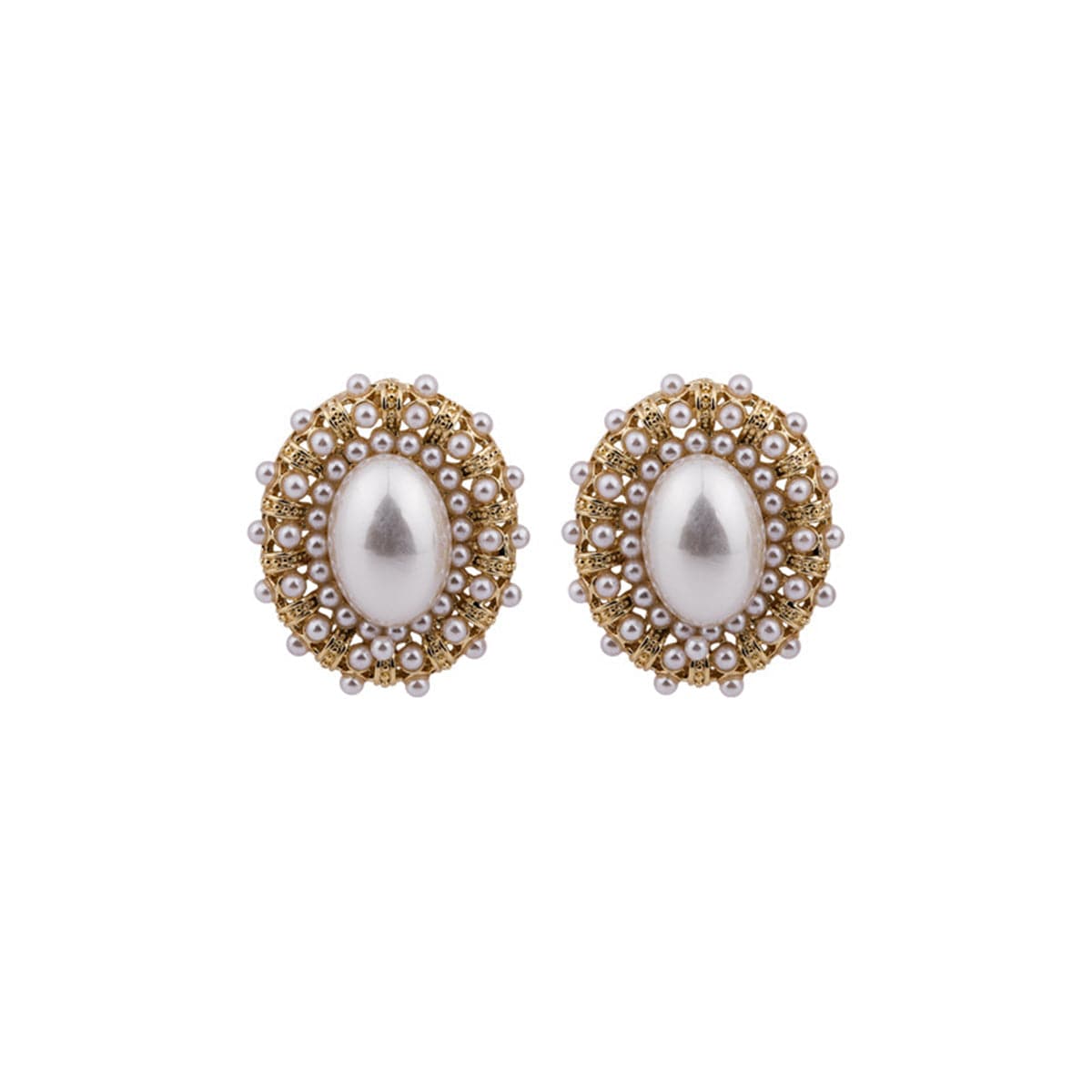 Pearl and 18K Gold-Plated Oval Stud Earrings, gold stud earrings for women, botanical inspired, front view