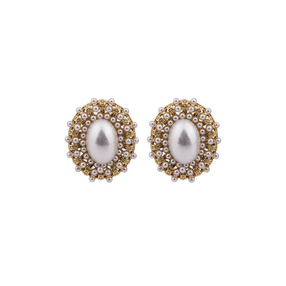 Pearl and 18K Gold-Plated Oval Stud Earrings, gold stud earrings for women, botanical inspired, front view