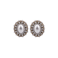 Pearl & Silver-Plated Oval Stud Earrings