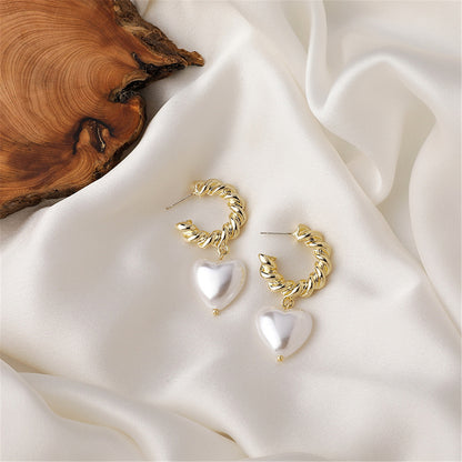 Pearl and 18K Gold-Plated Heart Drop Earrings, gold drop earrings for women, botanical inspired, front view