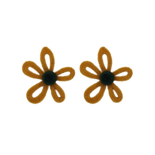 Yellow & Brown Fuzzy Openwork Floral Stud Earrings
