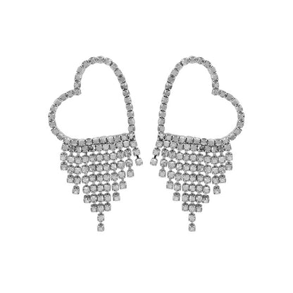 Cubic Zirconia and Silver-Plated Heart Tassel Drop Earrings, silver drop earrings for women, detail close-up
