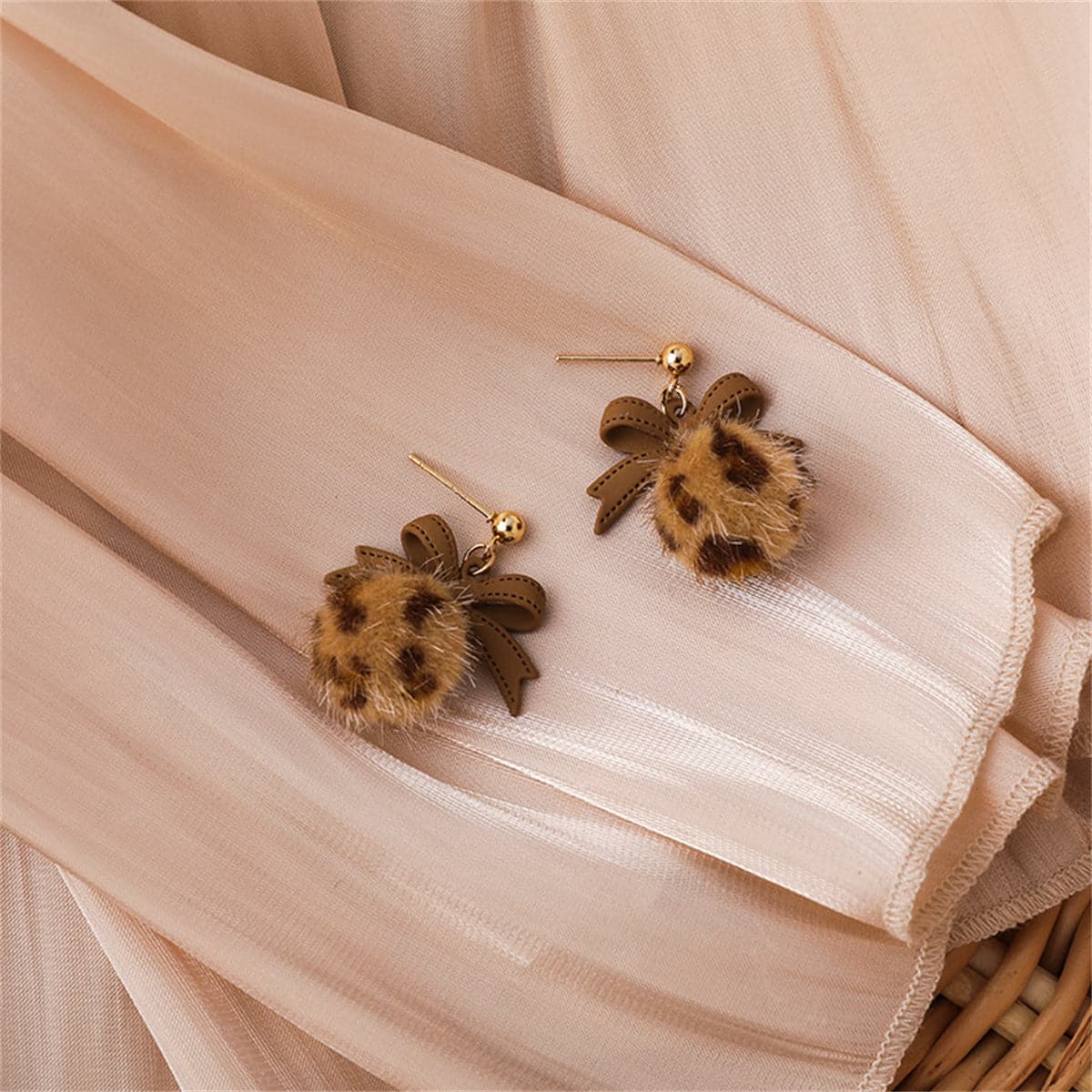 Brown Enamel and Pom-Pom 18K Gold-Plated Leopard Bow Ball Drop Earrings, gold drop earrings for women, side view