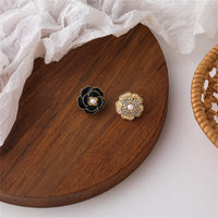 Black Enamel & Pearl Camellia Stud Earrings