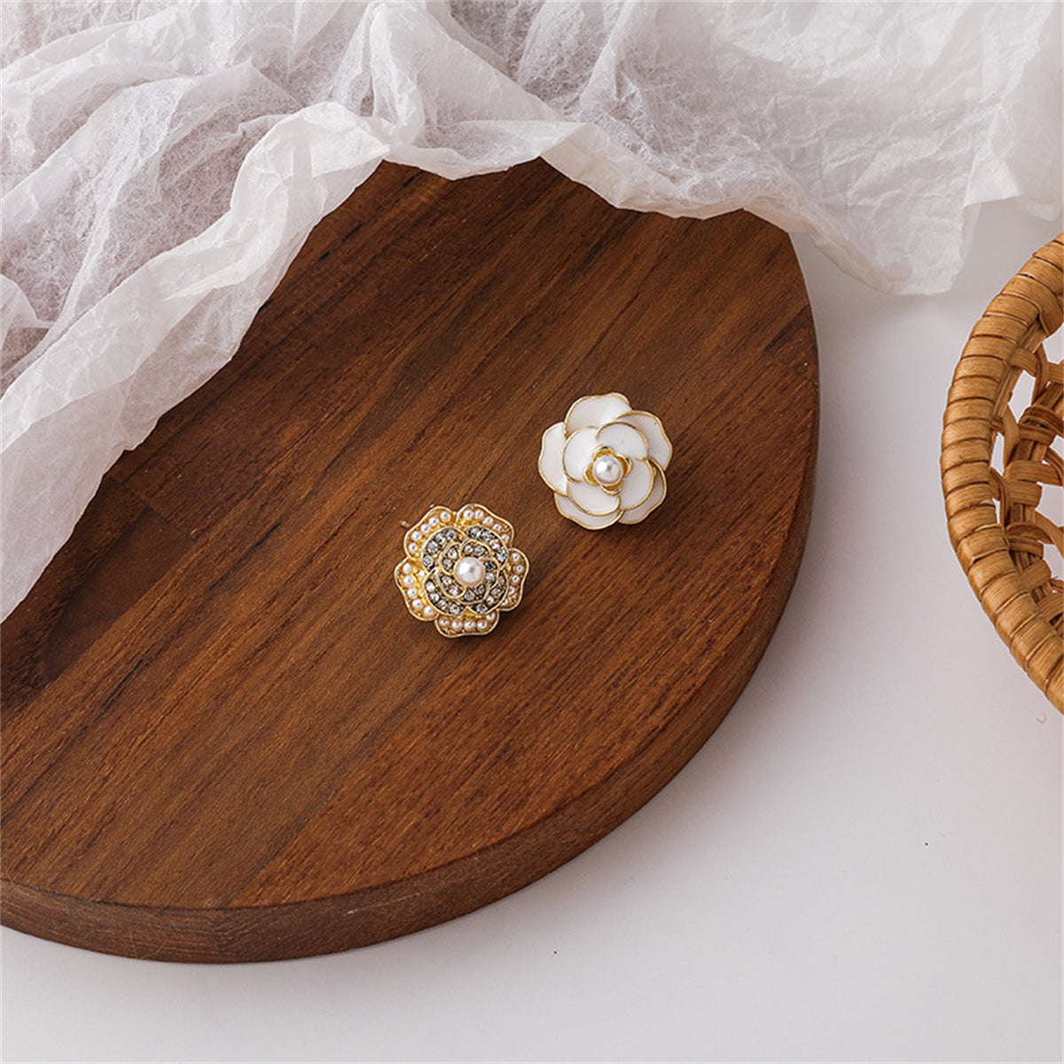 White Enamel & Pearl Camellia Stud Earrings