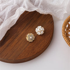White Enamel & Pearl Camellia Stud Earrings