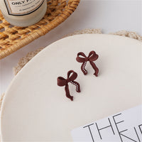 Wine Red Enamel & Pearl Bow Stud Earrings