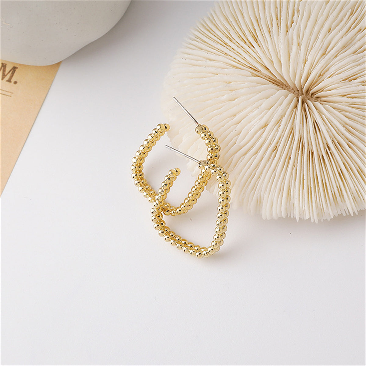 Chic 18K gold-plated beaded hoop earrings in an open rectangle design, perfect for enhancing your everyday elegance.