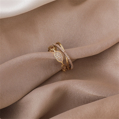 Cubic Zirconia and 18K Gold-Plated Layered Chain Adjustable Ring, gold statement rings for women, everyday style, side view