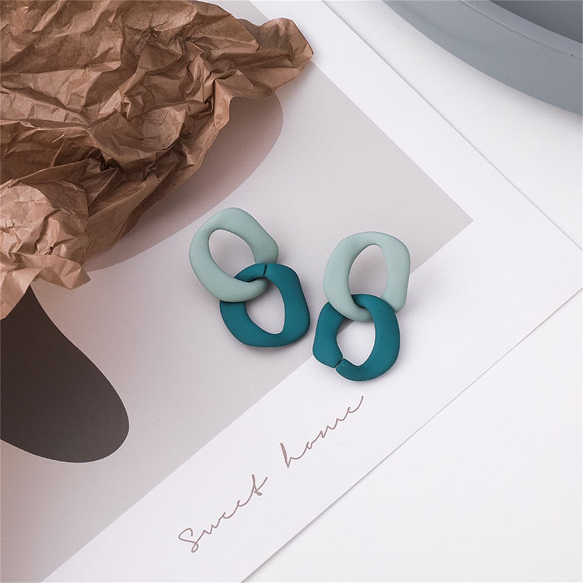 Teal Green and Seafoam Enamel Tiered Curb Chain Drop Earrings, drop earrings for women, dainty minimalist design, side view