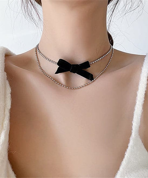 Cubic Zirconia & Silver-Plated Bow Layered Necklace